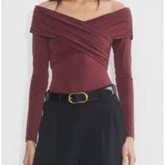 Wilfred Aritzia M Wrap Top Mocha Azalea Long Sleeve Shirred Stretch V Neck NEW - Picture 1 of 8